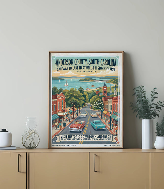 Anderson County, SC poster with lake, downtown, and cars.