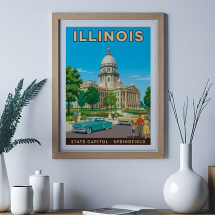 Framed vintage travel poster of Illinois State Capitol in Springfield.