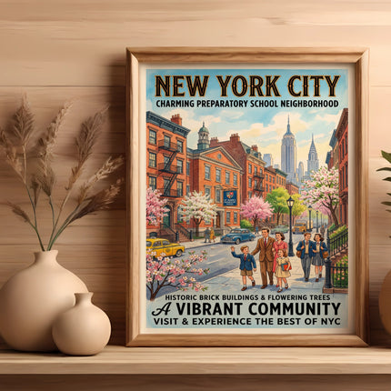 New York City charming preparatory school neighborhood with historic brick buildings.