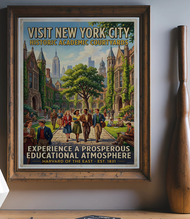 Vintage poster of New York City academic courtyards with people, text "Visit New York City" and "Experience a prosperous educational atmosphere".