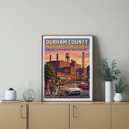 Durham County poster with text and scene of Bull Durham tobacco factory and classic cars.