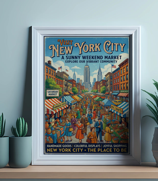 Vintage poster of a New York City market with skyline, shops, and people.