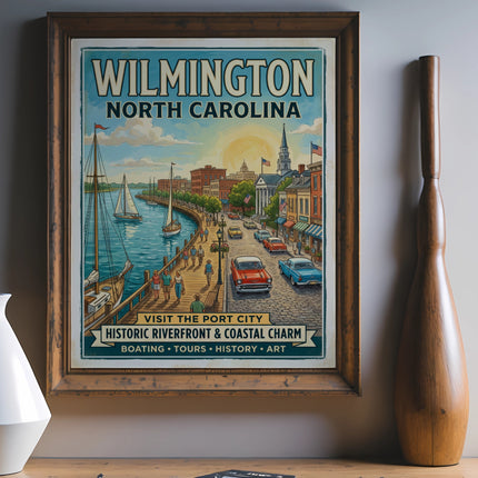 Wilmington, North Carolina vintage travel poster depicting the riverfront and downtown.