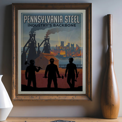 Vintage poster showing industrial cityscape with workers, "Pennsylvania Steel, Industry's Backbone."