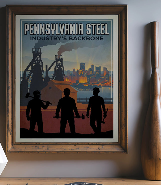 Vintage poster showing industrial cityscape with workers, "Pennsylvania Steel, Industry's Backbone."