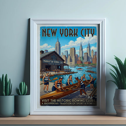 New York City Manhattan Rowing Club vintage poster with rowers and city skyline.
