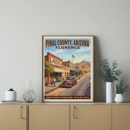 Pinal County, Arizona Florence vintage poster of Ruggles General Store and street scene.