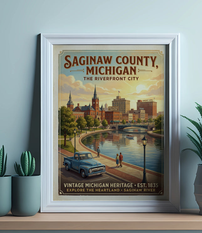 Saginaw County, Michigan vintage poster showing riverfront city scene with buildings and truck.
