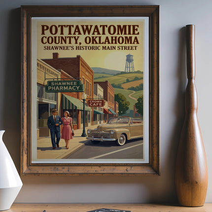 Pottawatomie County, Oklahoma Shawnee's Historic Main Street poster with couple, car.