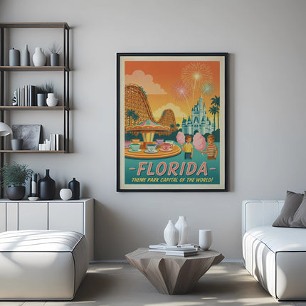 Vintage Florida theme park poster with roller coaster and castle.