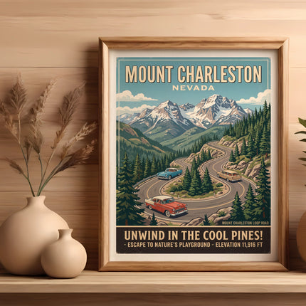 Mount Charleston Nevada vintage travel poster with cars and mountains.