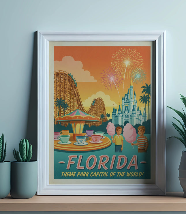 Florida theme park poster with fireworks, castle, roller coaster, and children eating cotton candy.