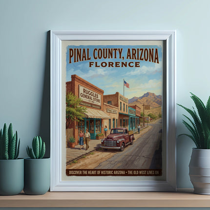 Framed Pinal County, Arizona Florence poster with vintage street scene and text.