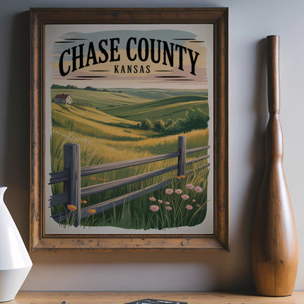 Vintage CHASE COUNTY KANSAS landscape art with rolling hills and wooden fence.