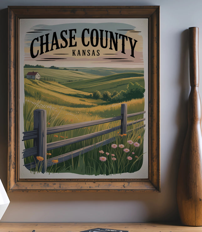 Vintage CHASE COUNTY KANSAS landscape art with rolling hills and wooden fence.