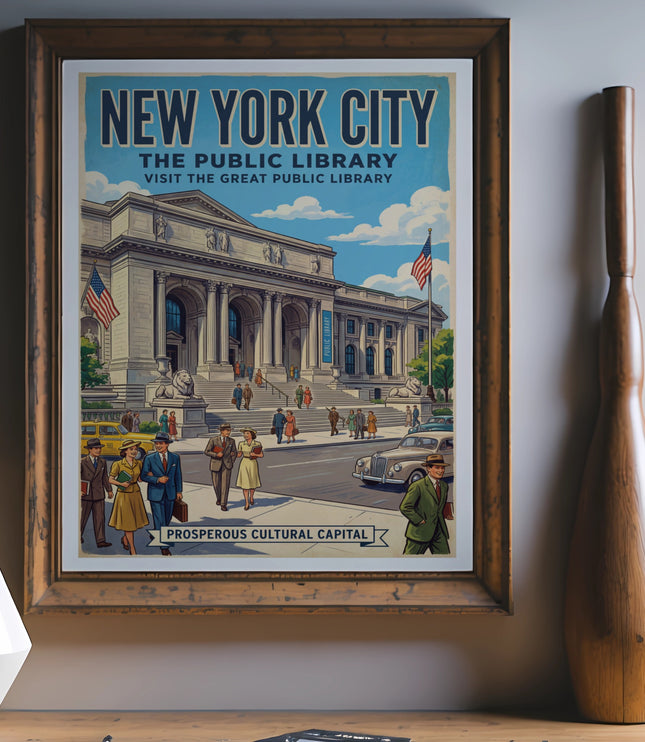 New York City Public Library poster with vintage illustration of building and people.