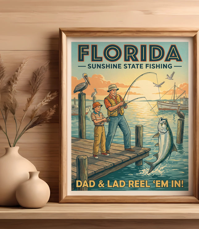 Florida Sunshine State Fishing poster of father and son catching a fish.