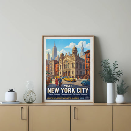 New York City travel poster with "Historic Synagogue, Prosperous Streets" text.