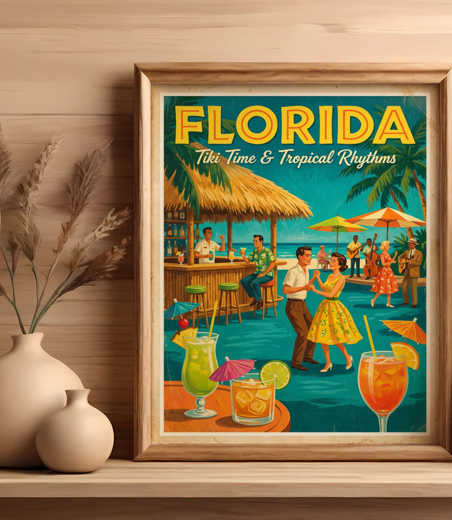 Retro Florida poster with people dancing and enjoying drinks at a tiki bar.