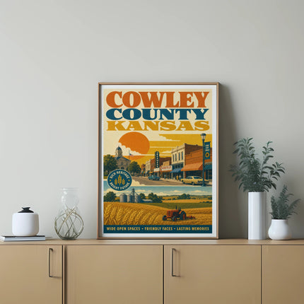 Cowley County Kansas poster with vintage illustration, farm, and town scenes.