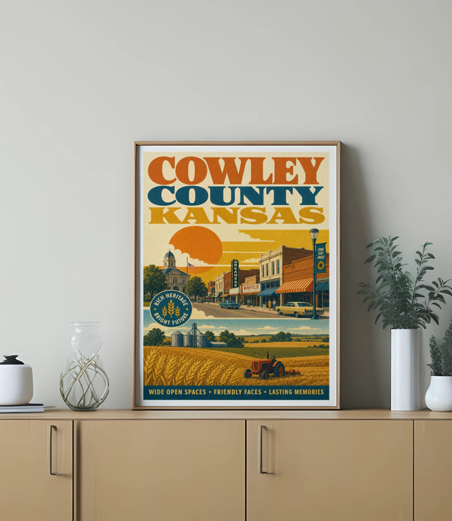 Cowley County Kansas poster with vintage illustration, farm, and town scenes.