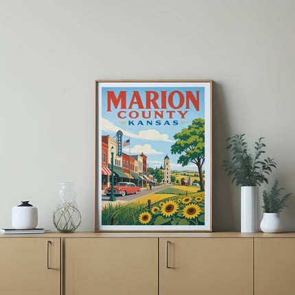 Poster featuring Marion County, Kansas with sunflowers and vintage cars.