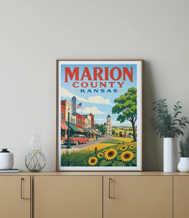 Poster featuring Marion County, Kansas with sunflowers and vintage cars.