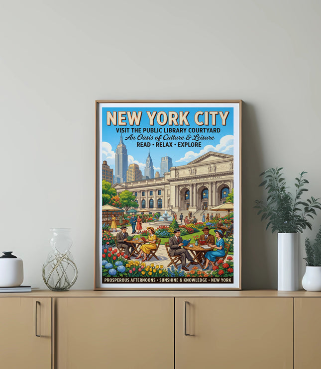 New York City Public Library courtyard vintage travel poster illustration.