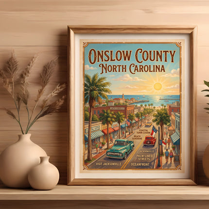 Onslow County North Carolina vintage travel poster with coastal town scenes.