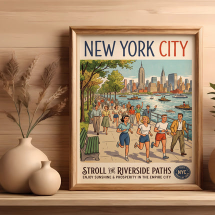 New York City poster with people running along a riverside path.