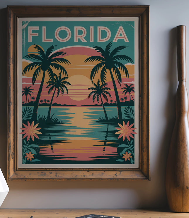 Framed "Florida" art with palm trees, ocean, and sunset.