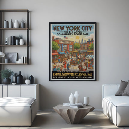 New York City Community Book Fair poster with crowds and books.
