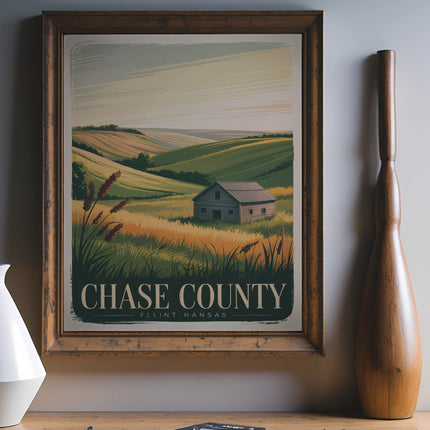 Vintage-style poster of Chase County, Kansas with rolling hills and a barn.