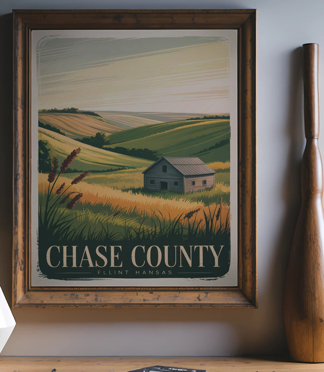 Vintage-style poster of Chase County, Kansas with rolling hills and a barn.