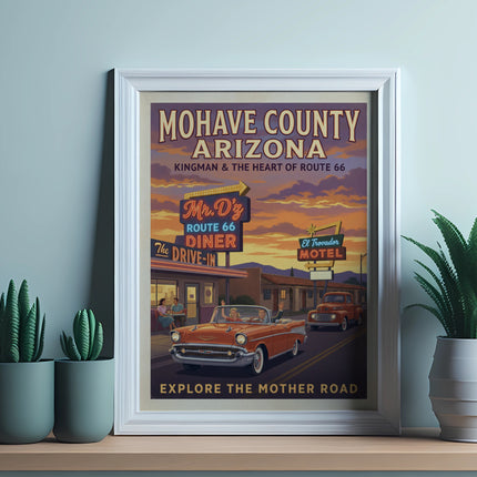 Mojave County, Arizona Route 66 poster with diner, motel, and cars.