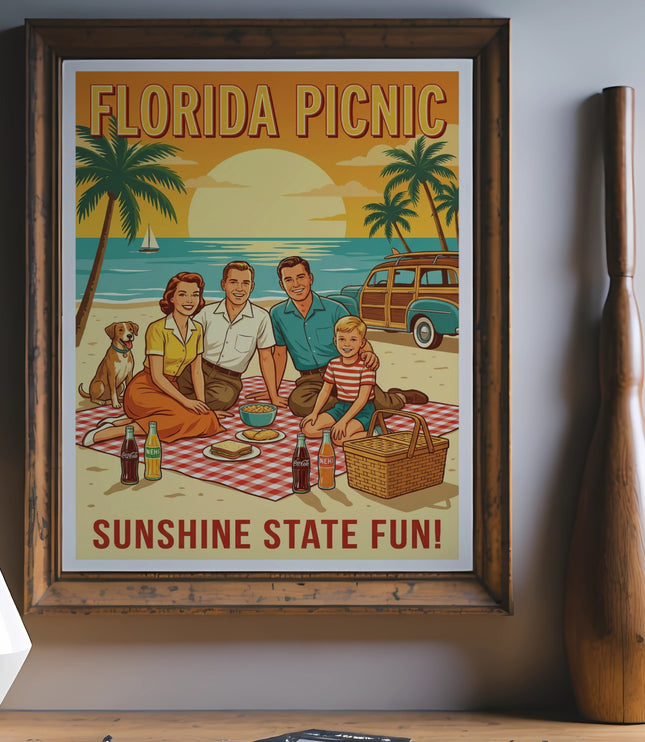 Framed print of a family and dog having a picnic on Florida beach with a retro car.