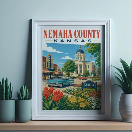 Retro style poster of Seneca, Kansas with courthouse and vintage cars.