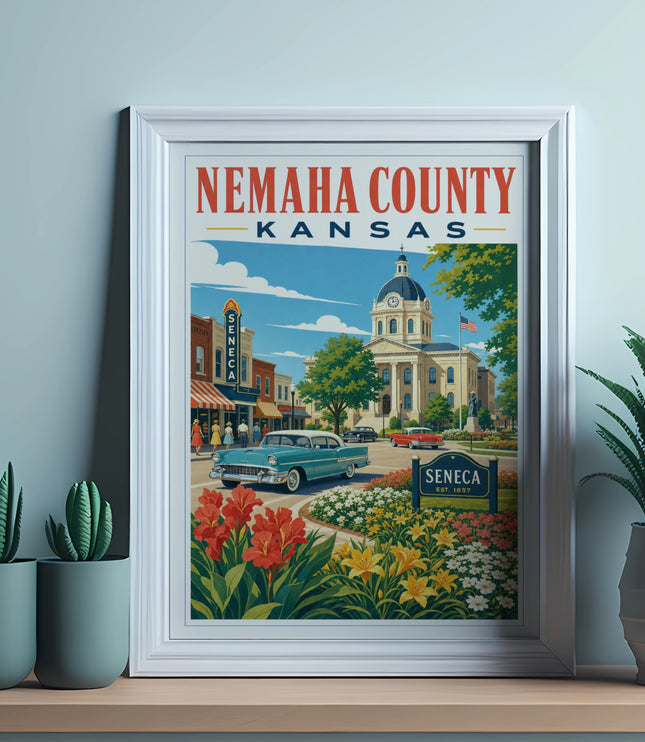 Retro style poster of Seneca, Kansas with courthouse and vintage cars.