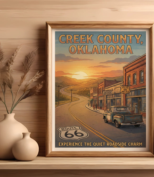 Poster of Creek County, Oklahoma with Route 66 imagery and text.