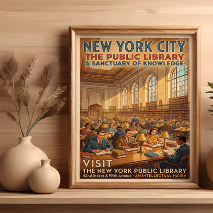 New York City Public Library poster with people reading in a grand hall.