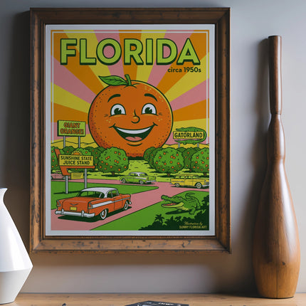 Retro Florida poster with smiling orange, vintage cars, and Gatorland sign.