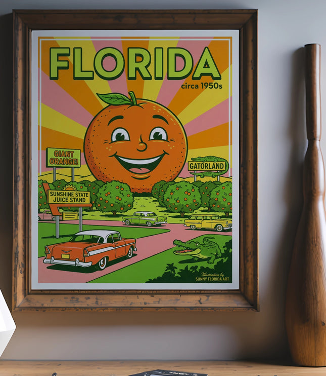 Retro Florida poster with smiling orange, vintage cars, and Gatorland sign.