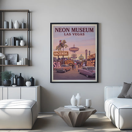 Poster featuring the Neon Museum Las Vegas with vintage cars and neon signs.