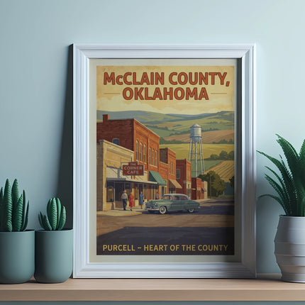 Vintage poster for McClain County, Oklahoma featuring a town street scene.