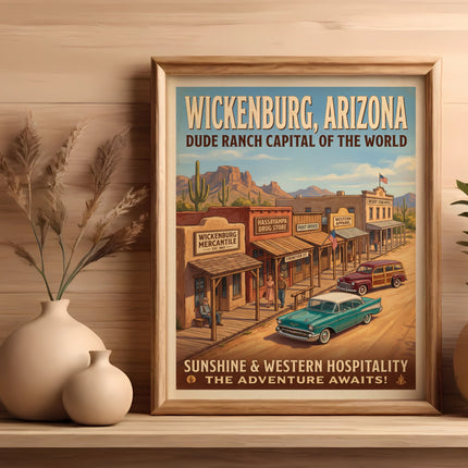 Wickenburg, Arizona poster with dude ranch scene and vintage cars.