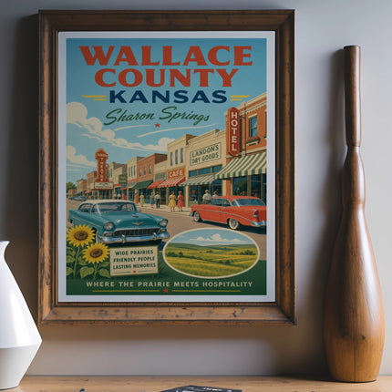 Wallace County Kansas travel poster with Sharon Springs street scene.