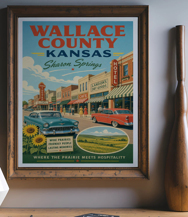 Wallace County Kansas travel poster with Sharon Springs street scene.