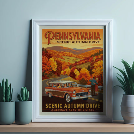 Vintage-style poster for Pennsylvania Scenic Autumn Drive featuring a station wagon and autumn foliage.