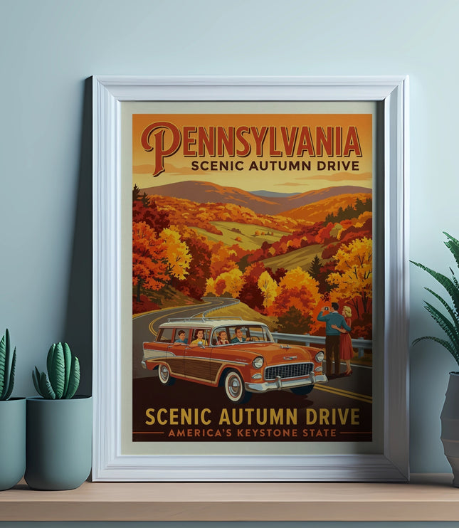 Vintage-style poster for Pennsylvania Scenic Autumn Drive featuring a station wagon and autumn foliage.