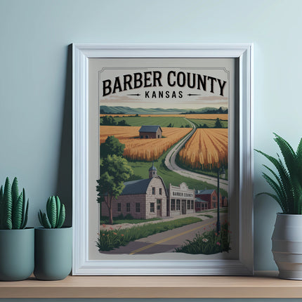 Barber County Kansas framed print featuring a pastoral landscape with buildings.